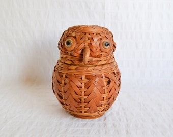 Wicker Owl Lidded Basket Trinket Box Rattan Retro Storage Small 15cm
