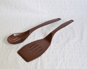 Vintage MCM Addis Utensils, Brown Plastic Spatula Slotted Spoon x2, Campervan
