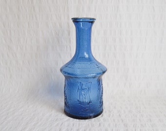 Vintage Blue Glass Bottle, Ancient Greek Design, Greek Key, Raised Design, 21cm