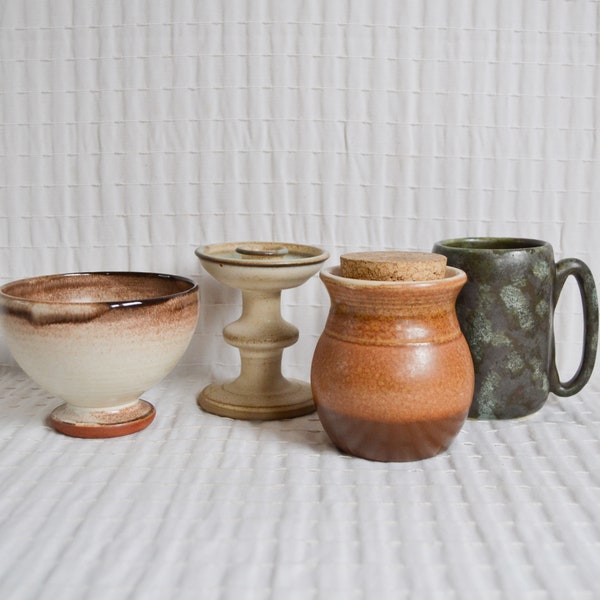 Vintage Studio Pottery Collection, Mini Collection of Ceramic Jar, Mug, Candle Holder and Bowl