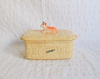 Vintage 1950s Ceramic Jersey Cow On Wicker Woven Basket Butter Dish, Lidded Dish