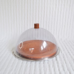 Vintage Cheese Dome Teak Wood Plastic Mid Century Modern Cake Platter