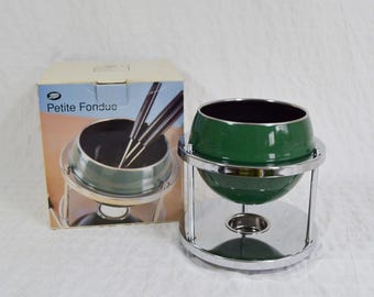 Vintage Boots Petite Green Enamel Fondue Set, Tealight Candle Fondue Small