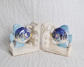 Vintage Ceramic Fish Bookends, Mid Century Textured Glaze, Blue Fish x2