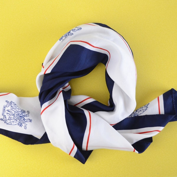 Vintage Scarf, Navy Blue and White Preppy Square Scarf, Sailor Style Vintage Scarf, White and Blue Retro School Style Scarf