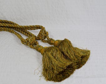 Large Vintage Double Rope Country House Tassel Curtain Tie Backs Gold Green x2