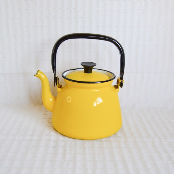 Vintage Yellow Enamel Teapot, Camping Kettle with Handle