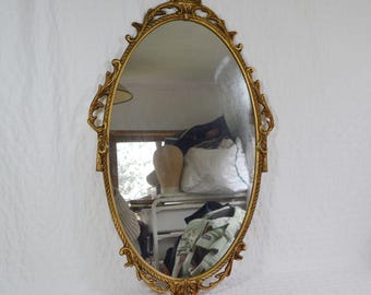 Vintage Ornate Oval Brass Wall Mirror Rococo Style Tassels 66.5cm Long