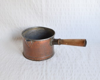 Vintage Copper Wood Handle Small Stove Pan, Rustic Milk Pan, Copper Patina