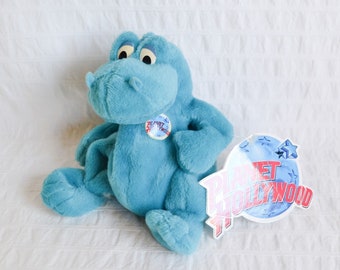 Vintage 1997 Planet Hollywood Soft Toy, Teal Turquoise Dinosaur Beanie Tags