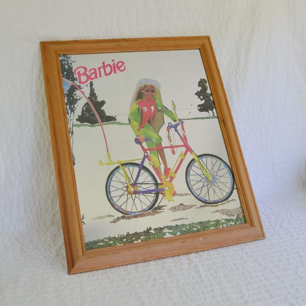 Vintage 1990s Barbie Mirror, Bike Riding Barbie, Bicycle Wood Framed Mirror
