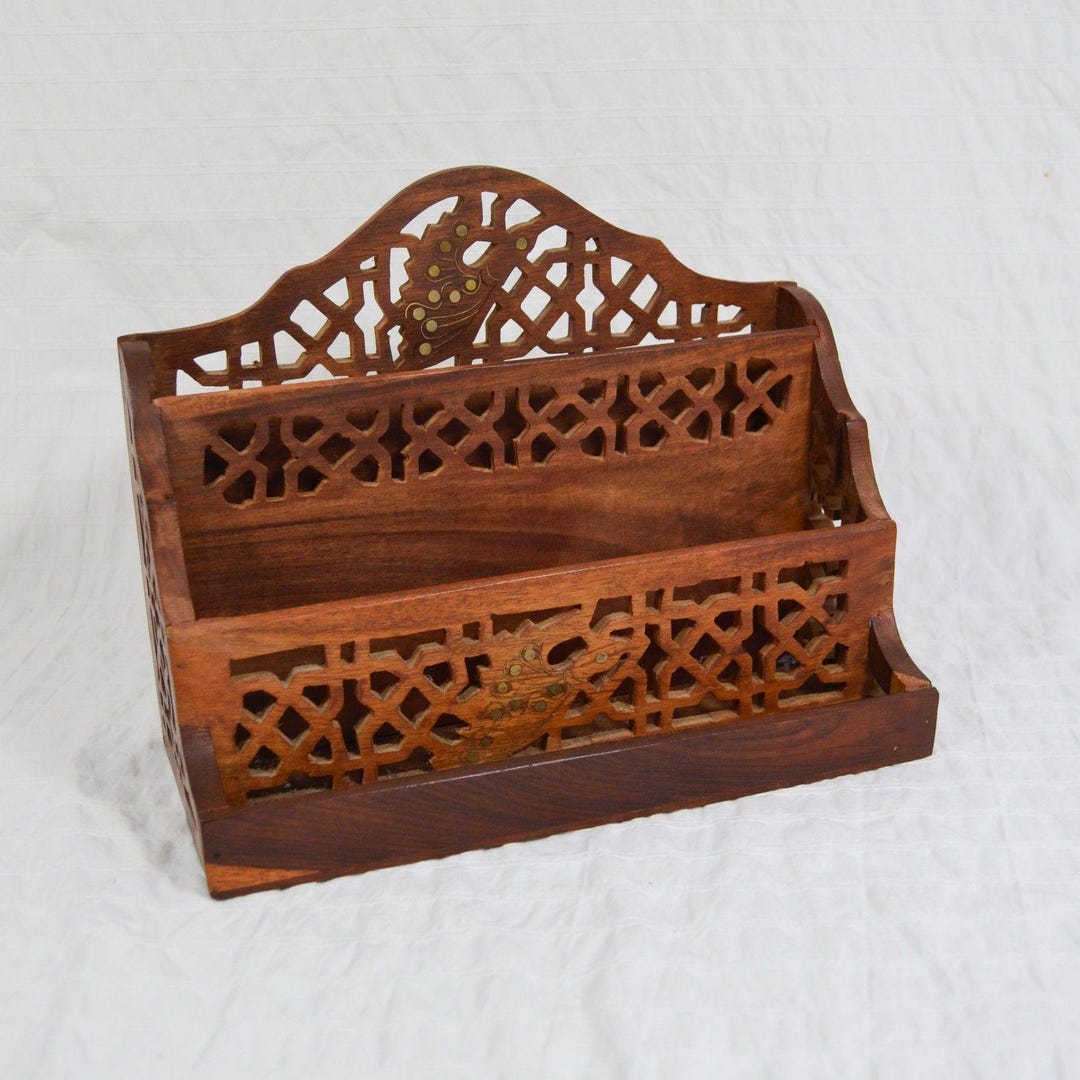 Vintage Wooden Letter Rack With Brass Inlay Design Cut Out Pattern ...