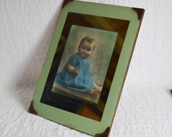 Antique Glass Picture Frame With Hand Coloured Baby Photo, Green Glass Art Deco