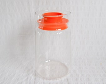 Vintage JAJ Pyrex Glass Jar, Clear Glass Storage Jar, Orange Plastic Lid, 1970's