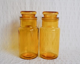 Vintage Amber Glass Storage Jars, Yellow Glass Coffee Tea Sugar Jars Retro