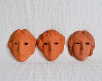 Vintage Terracotta Pottery Face Mask, Wall Hanging Ancient Greek Roman Style x3