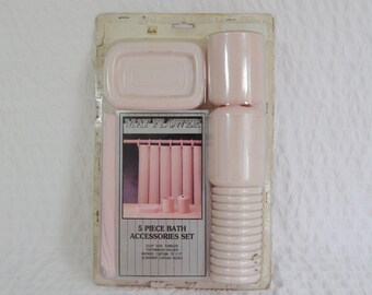 Vintage Pastel Pink 5 Piece Bath Accessories Set, Soap Holder, Cup, Curtain