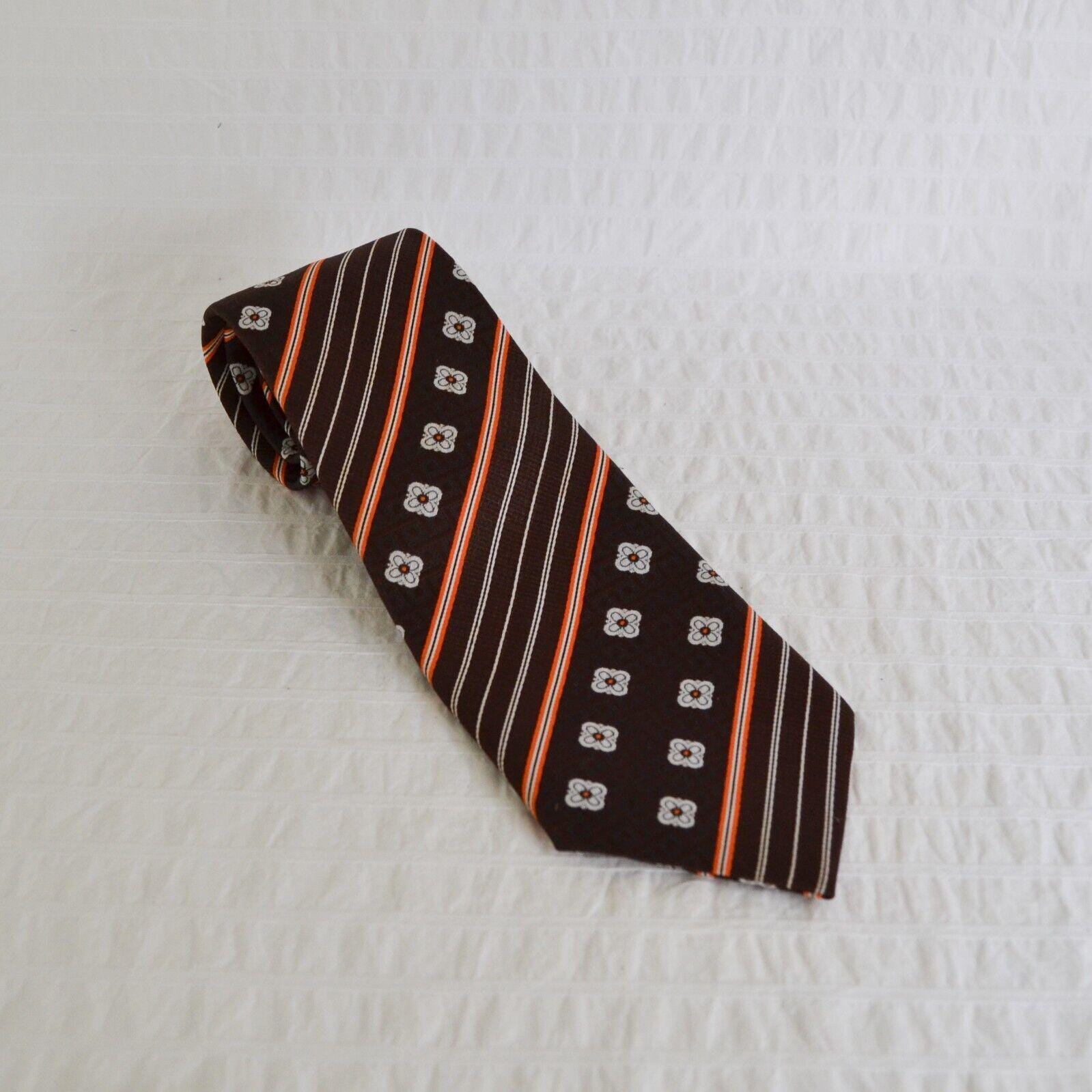 Vintage Brown Stripe Patterned Tie Polyester, 1970's Washable Tie Orange Retro