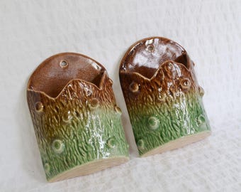 Vintage Arden Flosmaron Ceramic Wall Pocket Vases, Log Tree Trunk Vases Pair