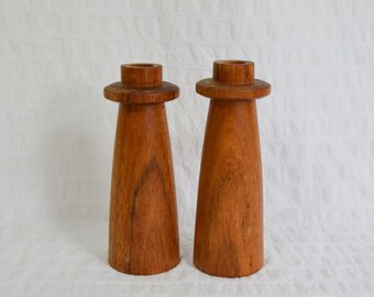 Pair Of Vintage Turned Wood Wooden Candle Holders, Taper Dinner Candle Holder