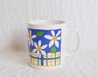 Vintage 1980's 90's Daisy Mug, Blue Yellow Summer Flower Checked Daffodil Mug