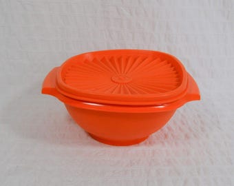 Vintage Orange Tupperware Servalier Square Bowl 1970's with lid 20cm Wide