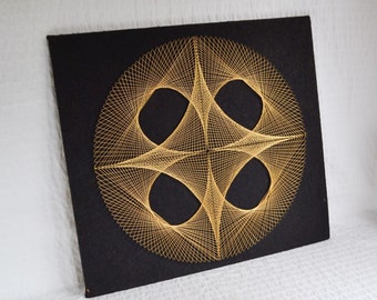 Vintage 1970s MCM Mandala Style String Art, Black Gold Nail Art, Felt Backing