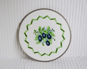 Ceramic & Pewter Sloes Fruit Serving Platter Plate Trivet Tray, Spray Design