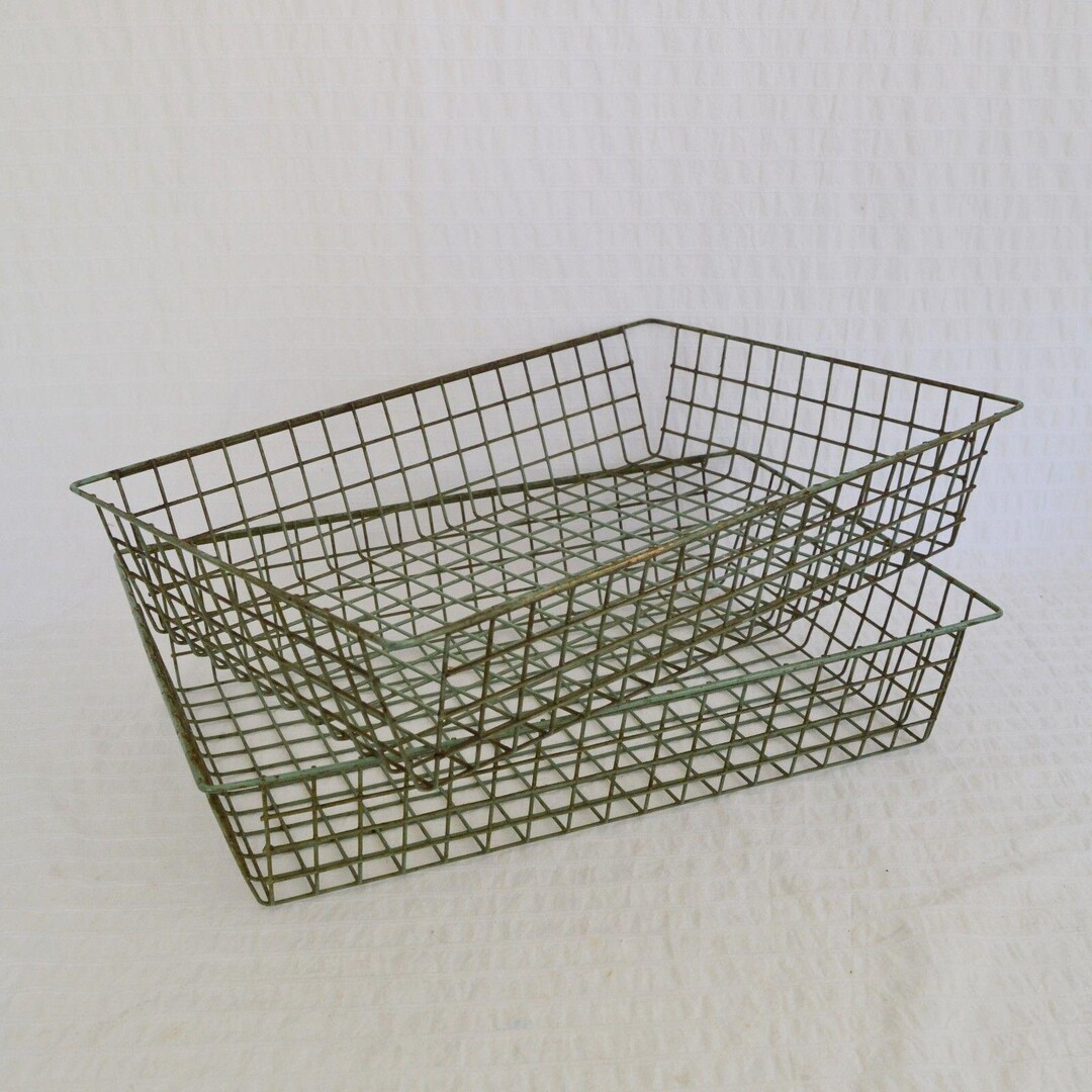 Vintage Green Wire Office Letter Filing Tray Baskets X2, Rustic Wire ...