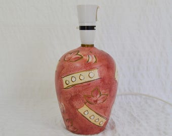 Vintage Hand Painted Table Lamp, 90's Ceramic Piccolo Pink Leaf Pattern Lamp