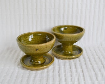 Pair Studio Pottery Goblets, Stoneware Candle Holders, Stemmed Bowls, Green