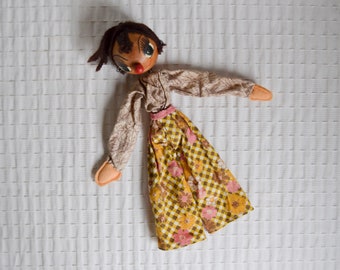 Vintage Wooden Jointed Peg Doll Handmade 1960's 70's Flared Trousers