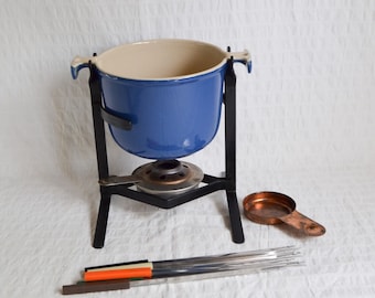 Vintage LE CREUSET Fondue Blue With 6 Vintage Forks Copper Burner