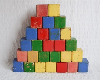 Vintage Wooden Building Blocks Bricks, Colourful Red Green Yellow Blue x27