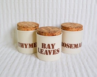 Set of 3 1970s Kiln Craft Ceramic Spice Storage Jars Pots with Cork Lids Bungs