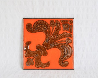 Vintage 1970s Ceramic Tile Trivet, Orange Fleur de Lys, Brown Orange Pan Stand