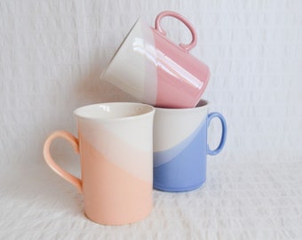 Vintage 1980's Mugs, Pastel Blue Pink Peach Dipped Glaze Just Mugs x3