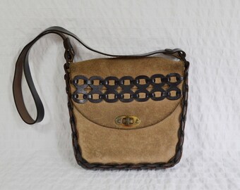 Vintage Suede Leather Handbag, Boho Beige Shoulder Bag Woven Leather