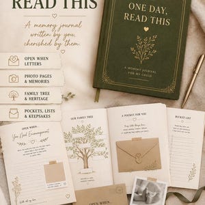Può includere: Un diario dei ricordi con copertina rigida verde scuro intitolato ONE DAY, READ THIS con accenti botanici in lamina d'oro. Il set include lettere, pagine per foto, un albero genealogico, tasche ed elenchi con testo e illustrazioni.