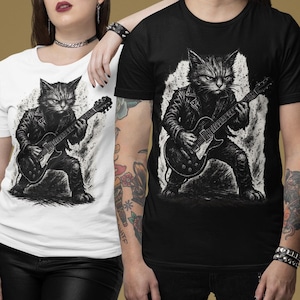 Unisex Rock Cat T-Shirt, Guitar Playing Cat, Cool Animal T-Shirt, Rock and Roll Tee, Funny Cat Shirt, Musician Gift, Cat Lover Shirt