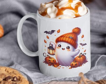 Niedliche Halloween-Geist-Tasse | Gemütliche Herbst-Kaffeetasse mit Kürbissen & Fledermäusen | Herbst Geschenk für Sie, süße Geister-Liebhaber-Tasse, 11oz oder 15oz