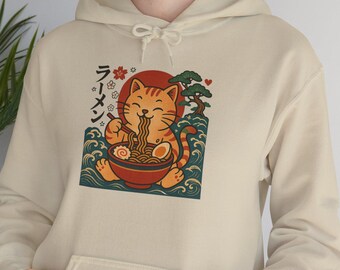 Ramen katt hoodie, rolig japansk nudel kawaii pullover tröja, ramen älskare gåva, anime katt tröja, söta foodie kläder