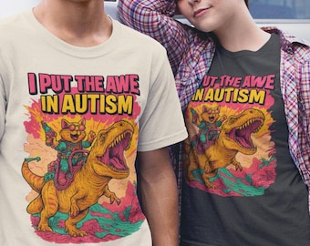 T-shirt de sensibilisation à l'autisme, graphisme dinosaure chat, t-shirt neurodiversité