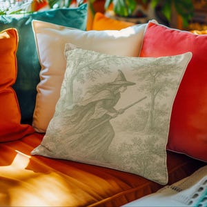 Witch Toile de Jouy Pillow – Vintage Witch Decor, Cottagecore Halloween Cushion, Witchy Home Aesthetic, Green Forest Witch Throw Pillow