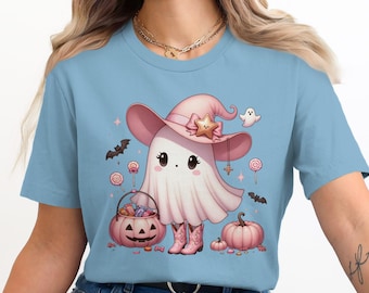 Różowa koszulka z duchem na Halloween, koszulka z kawaii czarownicą, urocze jesienne ubrania, koszulka na straszny sezon, modna graficzna bluzka, pastelowe ubrania gotyckie