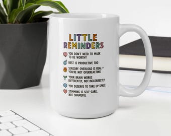 Taza con mensaje "Pequeños recordatorios" para el autismo y el orgullo de la neurodiversidad.
