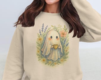Spöktröja, sött spöke med te, blommigt spöke, hösttröjor, kläder för den läskiga säsongen, kawaii spöke, halloween-outfit