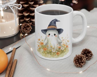 Cute Cottagecore Ghost Coffee Mug | Witchy Floral Ghost Cup | Cozy Halloween Gift for Her | Fall Wildflower Mug | Spooky Cute Mug