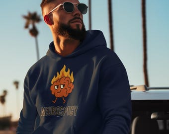 May include: Navy blue hoodie with a front pocket and a cartoon brain graphic with flames and the word "NEUROSPICY" in white. The hoodie is worn outdoors with palm trees in the background.
