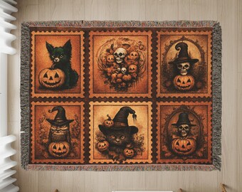 Halloween Movie Watching Blanket, Vintage Spooky Season Woven Throw, Jack-o'-Lantern Couch Cover, Halloween Home Decor Tapestry